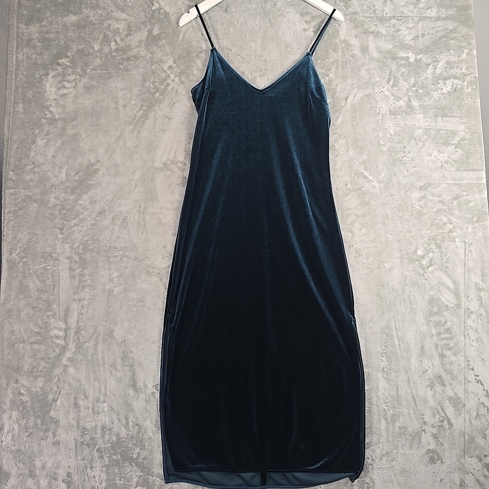 7 Seven For All Mankind Spaghetti Strap Velvet Midi Dress Dark Turquoise Blue Sm